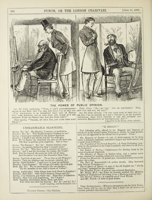 Ein altes Buchcover mit einem Mann in einem Anzug, der in einem Stuhl sitzt und ernst schaut, und einer Frau, die neben ihm steht und nachdenklich aussieht, mit der Überschrift "Die Macht der öffentlichen Meinung" auf der Seite.