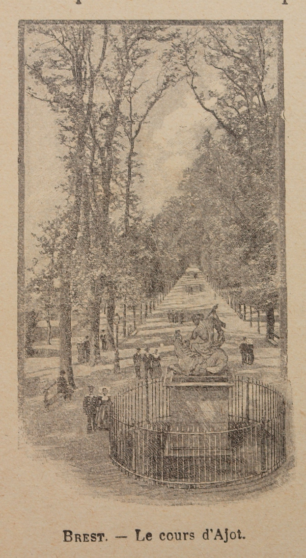 Ein altes Buchcover mit einer illustrierten Parkszene, die hohe Bäume, Menschen auf einem Weg, einen Zaun und Text mit historischen und kulturellen Details über den Park zeigt.