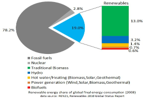 Tortendiagramm, das den globalen Verbrauch erneuerbarer Energien im Jahr 2008 zeigt, unterteilt in Abschnitte für fossile Brennstoffe, Kernenergie, Wasserkraft, Warmwasserheizung, Biomasse, Solarenergie, Geothermie und Biokraftstoffe.