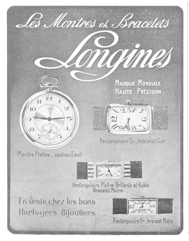 Vintage-Werbetafel für Longines-Uhren aus den 1920er-Jahren mit gedämpften blauen und grauen Tönen, klassischer Typografie und detaillierten Abbildungen von Uhren.