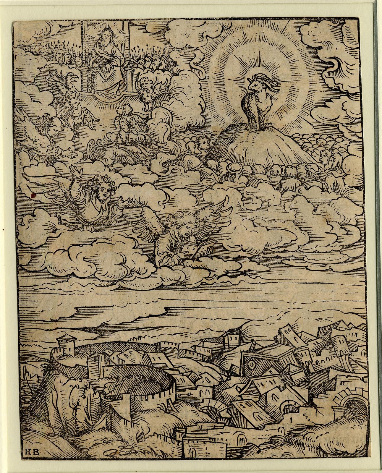 Schwarze und weiße Zeichnung einer Stadtlandschaft mit Gebäuden und Menschen, gerahmt in einem Foto, unter einer Sonne am Himmel.