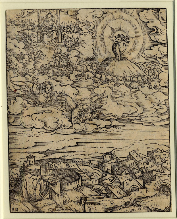 Schwarze und weiße Zeichnung einer Stadtlandschaft mit Gebäuden und Menschen, gerahmt in einem Foto, unter einer Sonne am Himmel.