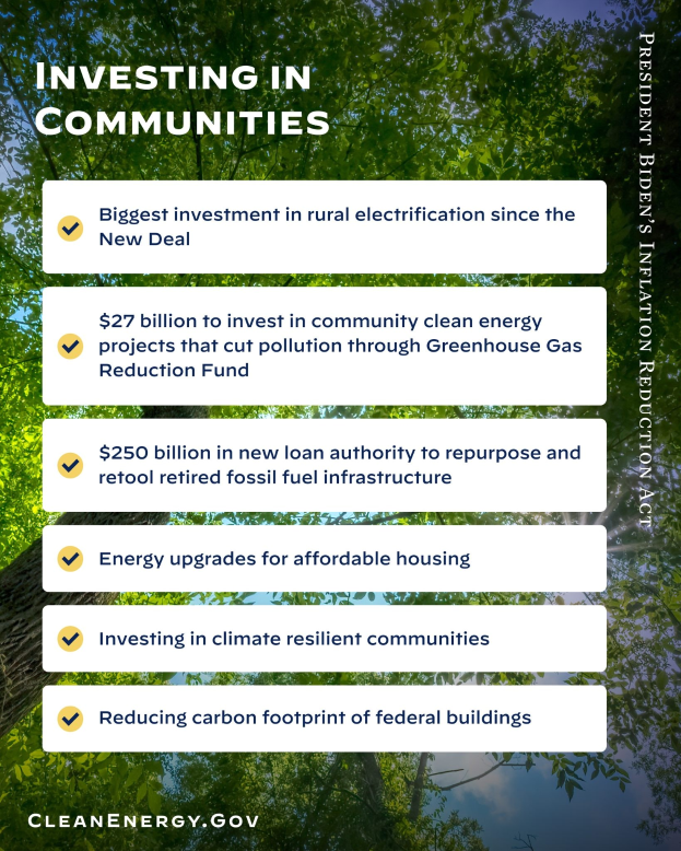 Plakat mit Bäumen und Himmel im Hintergrund, das den Text "Investing in Communities: Biggest Investment in Rural Electricity Since the New Deal" trägt.