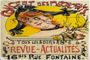 Ein Plakat, das ein Konzert der Decadents ankündigt und eine Frau mit einem menschlichen Gesicht sowie Text zeigt, der Informationen zum Event enthält.