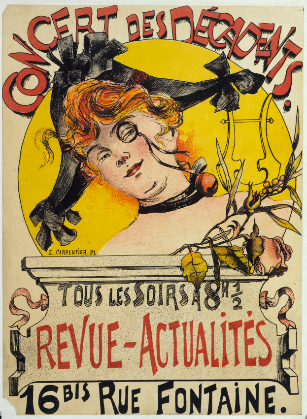 Ein Plakat, das ein Konzert der Decadents ankündigt und eine Frau mit einem menschlichen Gesicht sowie Text zeigt, der Informationen zum Event enthält.