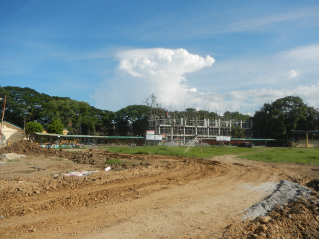 Ein Schotterweg, der zu einem teilweise errichteten Gebäude führt, umgeben von Gras, Strommasten und Bäumen unter einem bewölktem Himmel.