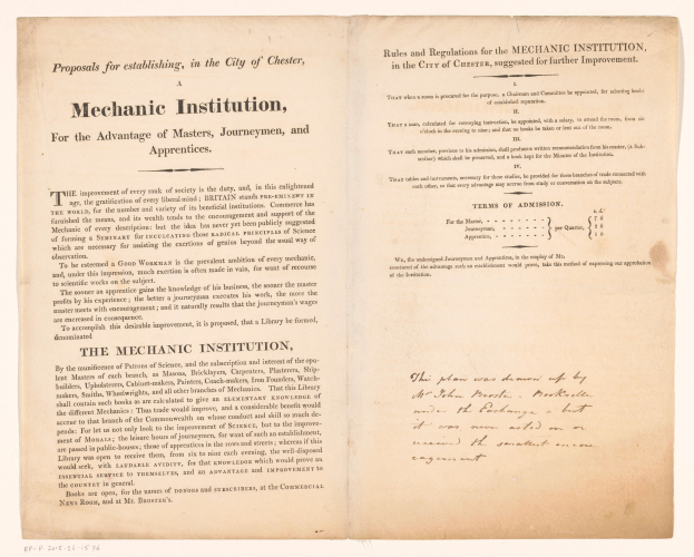 Offenes Buch mit dem Titel "Mechanic Institution, for the Advantage of Masters, Journeymen, and Apprenticeships", wahrscheinlich ein Vorschlag zur Gründung einer mechanischen Institution.