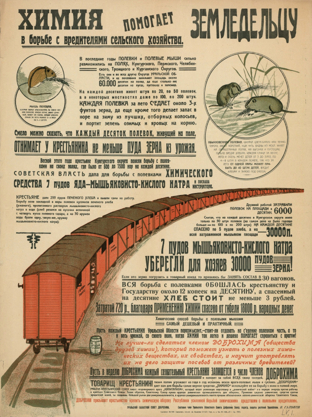 Alter russischer Propagandaplakat mit einem Zug auf Schienen, Cartoon-Ratten in leuchtenden Farben und fettem Kyrillisch-Text.