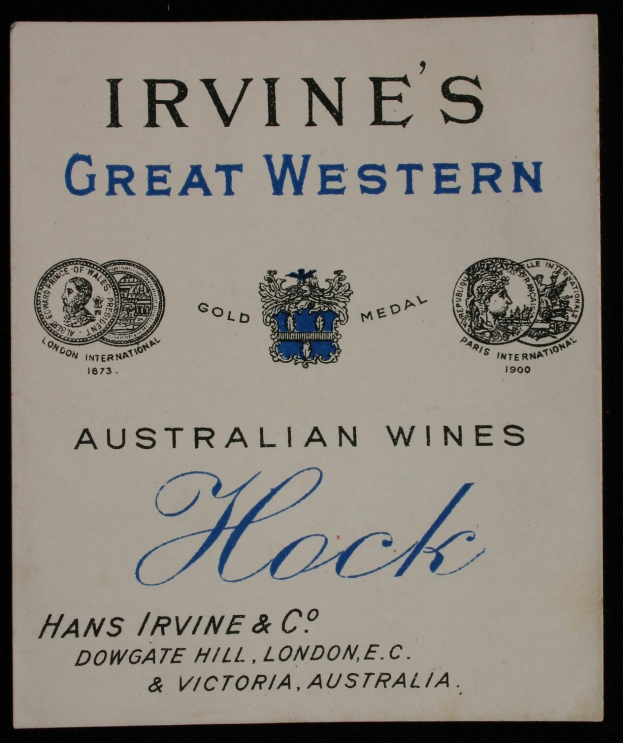 Plakat, das Irvines großartige westaustralische Weine bewirbt, mit dem Text und Logos des Unternehmens.