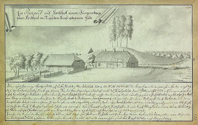 Ein verblichenes Dokument mit der überschrift "Surgensburg, Deutschland - Landschaft eines Hofes" zeigt eine ländliche Szene mit einem Bauernhof, Feldern, Häusern, Bäumen und einem Himmel.