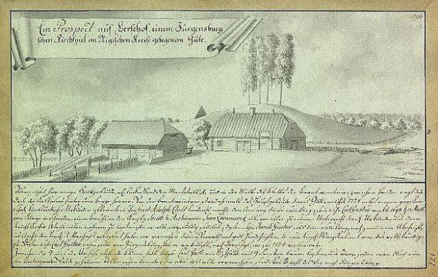 Ein verblichenes Dokument mit der überschrift "Surgensburg, Deutschland - Landschaft eines Hofes" zeigt eine ländliche Szene mit einem Bauernhof, Feldern, Häusern, Bäumen und einem Himmel.