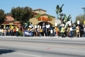 Eine Gruppe von Menschen mit Schildern, die gehen, mit Bäumen, Büschen, einem Banner, einem Gebäude mit Namensschildern, Autos und aktuellen Umfragen im Hintergrund.