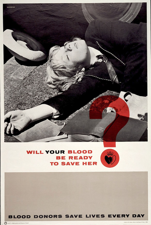 Ein Plakat mit einer Person auf dem Boden liegend, umgeben von Gegenständen, mit der Aufschrift "Wird dein Blut bereit sein, sie zu retten?" zur Förderung von Blutspenden.