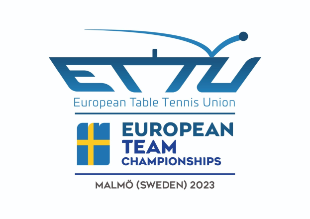 Das Logo der Europäischen Tischtennis-Union (ETTU) mit dem Text "Europäische Mannschaftsmeisterschaften" darunter, das einen blauen Kreis, einen weißen Tischtennisschläger und einen weißen und blauen Rand in einer fetten schwarzen Schriftart zeigt.