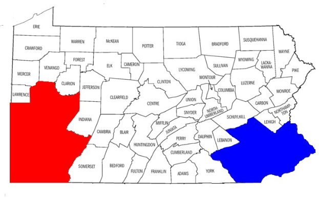 Karte von Pennsylvania, die Wahlergebnisse nach Counties zeigt, mit Counties in rot und blau hervorgehoben und dem Text 'Pennsylvania Wahl-Ergebnisse' angezeigt.