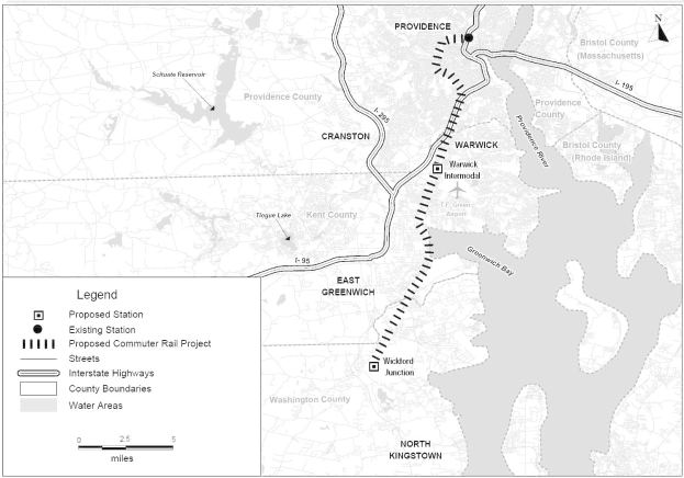 Schwarze und weiße Stadtkarte mit einem Fluss, beschriftet mit "Vorgeschlagenes Nahverkehrsbahnprojekt" auf der linken Seite, zeigt Straßen, Autobahnen und Stadtmerkmale.