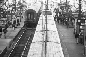 Ein überfüllter Bahnsteig mit mehreren Zügen auf den Gleisen und vielen Menschen, die darauf stehen.