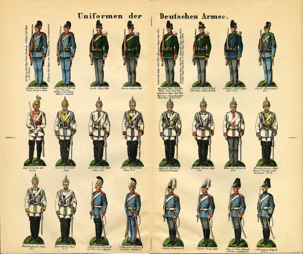 Ein Buch, das bunte deutsche Armee-Militäruniformen mit detaillierten Elementen wie Helmen, Gewehren und anderen Waffen zeigt, begleitet von beschreibendem Text.
