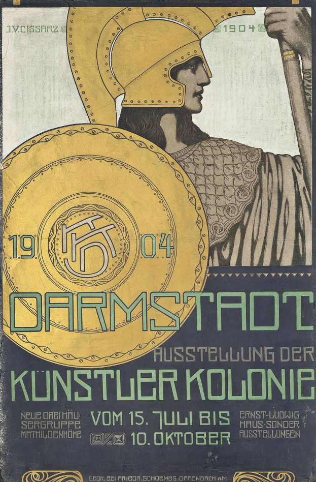 Plakat fuer ein 1904er Berlin-Konzert mit einer Person in einem Helm, die ein Schild haelt, mit fetter Schrift "Darmstadt" und "Kuenstler Kolonie."