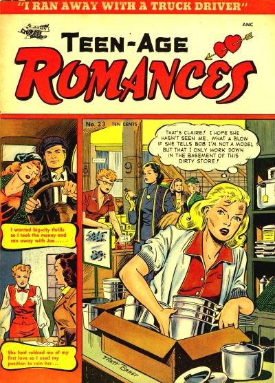 Ein buntes Plakat mit der Aufschrift 'Teen-Age Romances 23-A von DC', das eine Gruppe strahlender Menschen in einer glücklichen Umarmung zeigt.