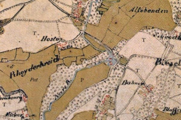 Detailierte alte Karte von Rheyderard mit Straßen, Gebäuden und Sehenswürdigkeiten mit Textangabe des Stadtorts.