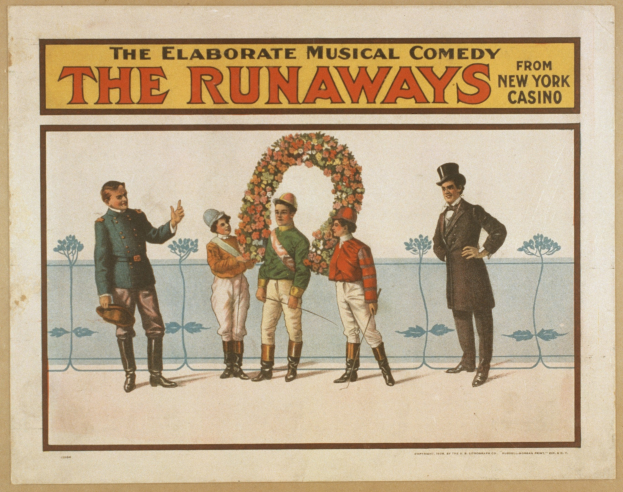 Plakat für 'Elaborate Musical Comedy Runaways' aus dem New Yorker Casino, das eine Gruppe von Menschen in einer Reihe zeigt, wobei einer einen Blumenstrauß hält, und einen Text, der die Komödie beschreibt.