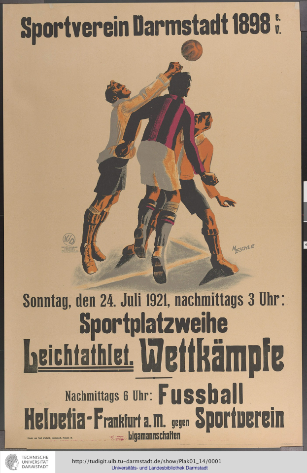 Ein Plakat, das ein Fußballspiel mit einer Gruppe von Männern in Uniformen zeigt, mit Text, der das Spiel und die Spieler beschreibt.