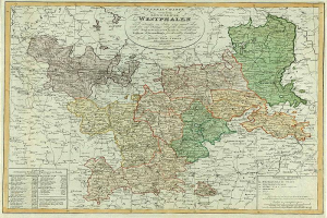 Ein altes Deutschland-Karte mit hervorgehobenen Provinzen Westfalens, dargestellt in einem Foto-Rahmen mit beschreibendem Text.