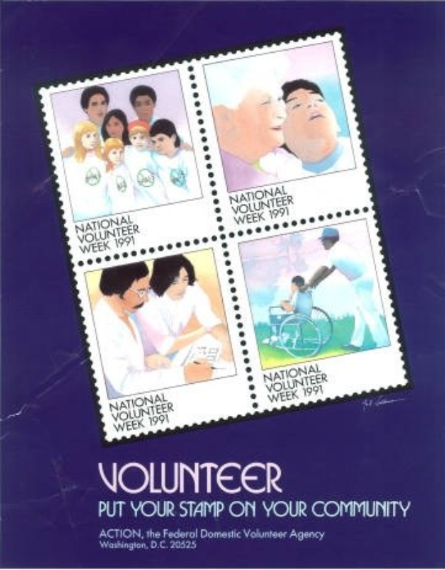 Plakat mit dem Titel "Volunteer Put Your Stamp On Your Community" mit einer vielseitigen Gruppe von Menschen vor einem hellblauen Himmel mit weißen Wolken, Text in fetter schwarzer Schrift.
