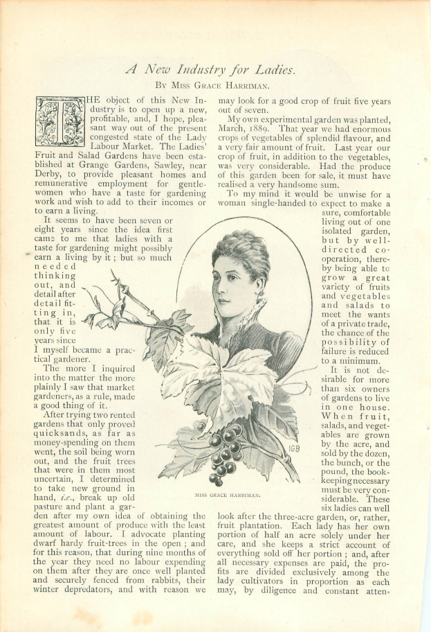 Offenes Buch mit einer Illustration eines Frauenkopfs, umgeben von Blättern und Früchten, mit dem Text "Eine neue Industrie für Damen" darauf.
