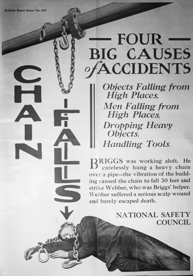 Schwarzes und weißes Plakat mit der ├ťberschrift "Vier gro├če Unfallursachen" mit einem Bild einer Person auf einem Pfahl mit Ketten.