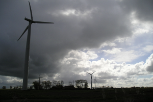 Windräder mit Bäumen mit Zweigen und Blättern im Vordergrund, Wolken am Himmel und ein Haus im Hintergrund.