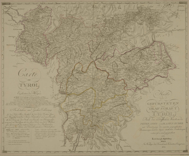 Detailreiches altes Tyroler Stadtplan, Deutschland, zeigt Städte, Ortschaften, geografische Merkmale und Text mit Informationen zur Bevölkerung, Straßen und Sehenswürdigkeiten.