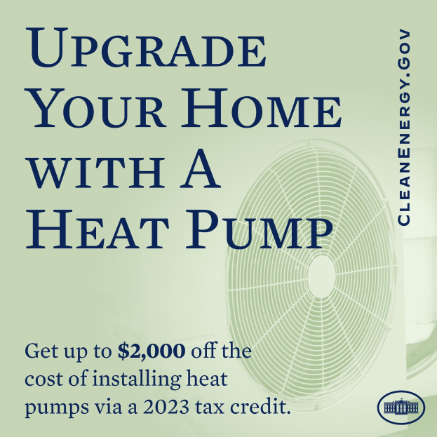 Plakat wirbt für Heimwärmepumpen-Upgrades mit einem Bild einer Wärmepumpe und dem Text "Upgrade Your Home with a Heat Pump."