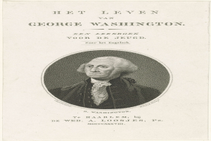 Porträt von George Washington auf bedrucktem Papier, frontal mit ernstem Gesichtsausdruck, trägt Anzug und Krawatte mit zurückgekämmtem Haar.
