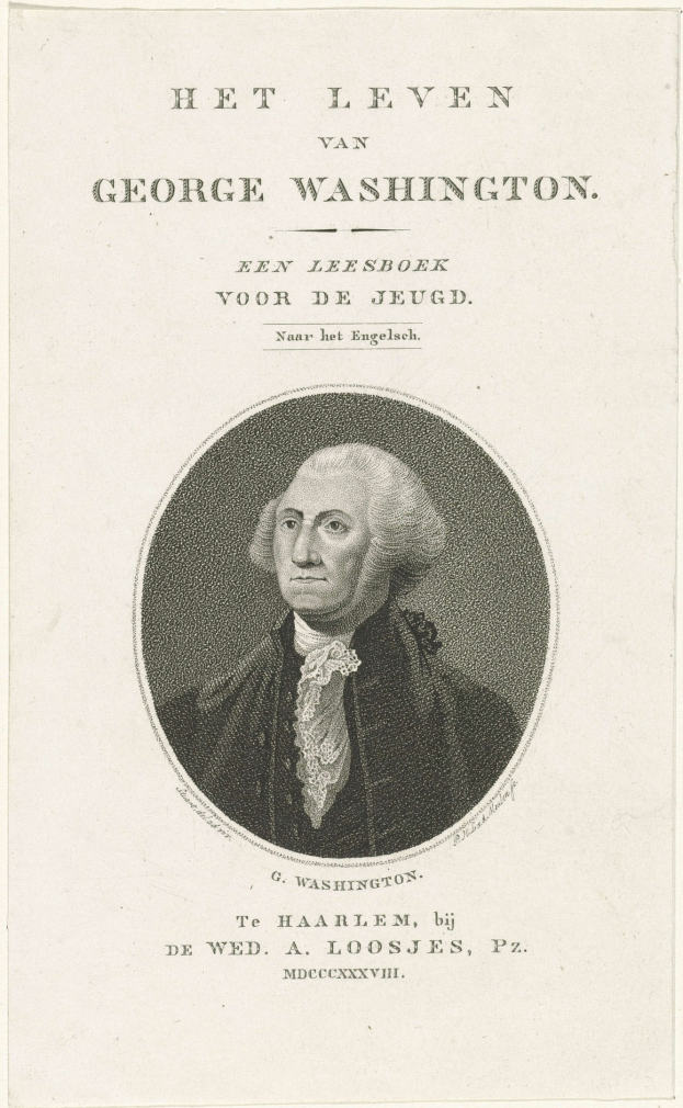 Porträt von George Washington auf bedrucktem Papier, frontal mit ernstem Gesichtsausdruck, trägt Anzug und Krawatte mit zurückgekämmtem Haar.