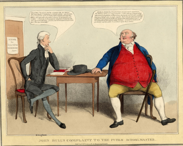 John Bull, eine personifizierte Figur, sitzt einer anderen Person gegenüber an einem Tisch mit einem Hut und Papieren, während im Hintergrund eine Tür und ein Papier an der Wand zu sehen sind.