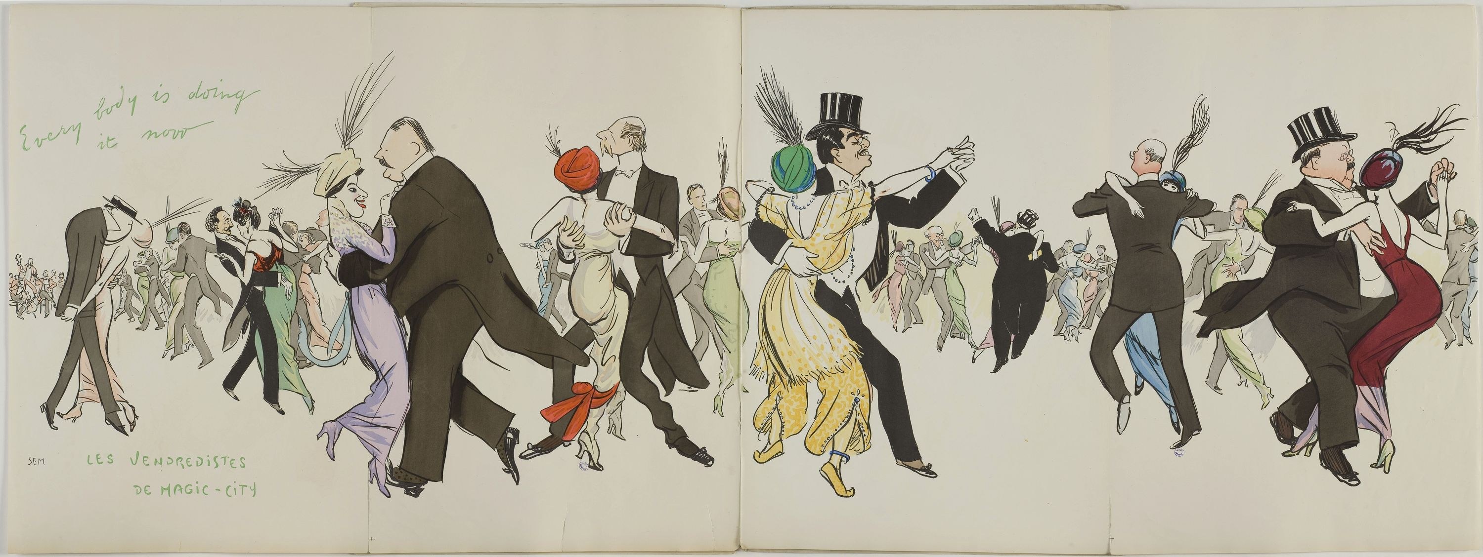 Offenes Buch mit einer farbenfrohen Illustration von Menschen, die unter einem hellblauen Himmel tanzen, mit der Überschrift "Les Vendredières de Magic City" auf der linken Seite.