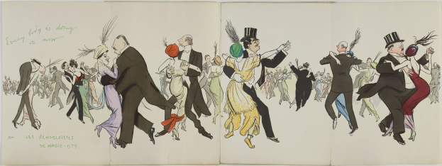 Offenes Buch mit einer farbenfrohen Illustration von Menschen, die unter einem hellblauen Himmel tanzen, mit der Überschrift "Les Vendredières de Magic City" auf der linken Seite.