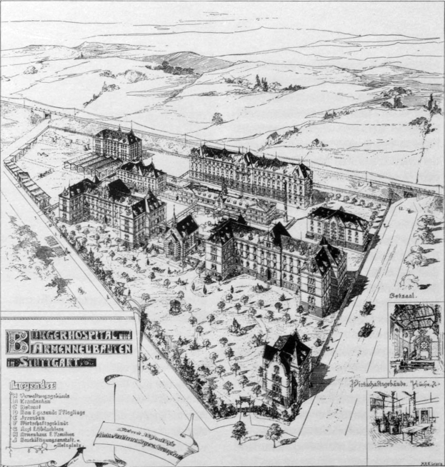 Schwarz-weiß-Vintage-Karte einer Stadt mit dichtem Baumbestand, Bäumen und Text.