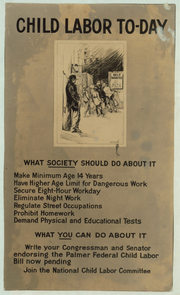 Plakat mit der Aufschrift "Kinderaert zur Zeit: Was die Gesellschaft dagegen tun sollte" mit einer Person im Anzug und Krawatte mit entschlossener Miene vor schwarzem Text auf einem weißen Rand.