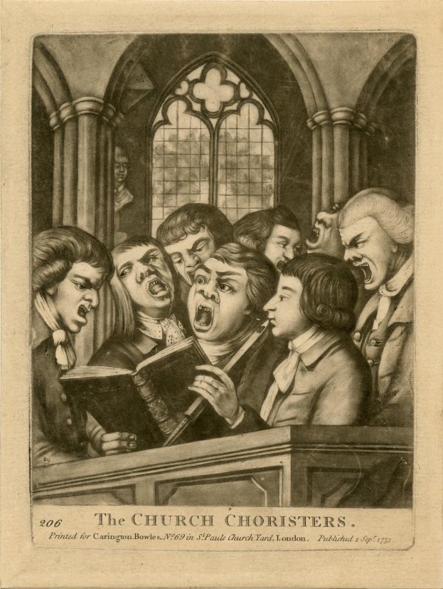 Eine Gruppe von Menschen, die in einer Kirche singen, einer hält ein Buch, mit Säulen und einem Fenster im Hintergrund und Text unten lesend "Die Kirchenchoristen".