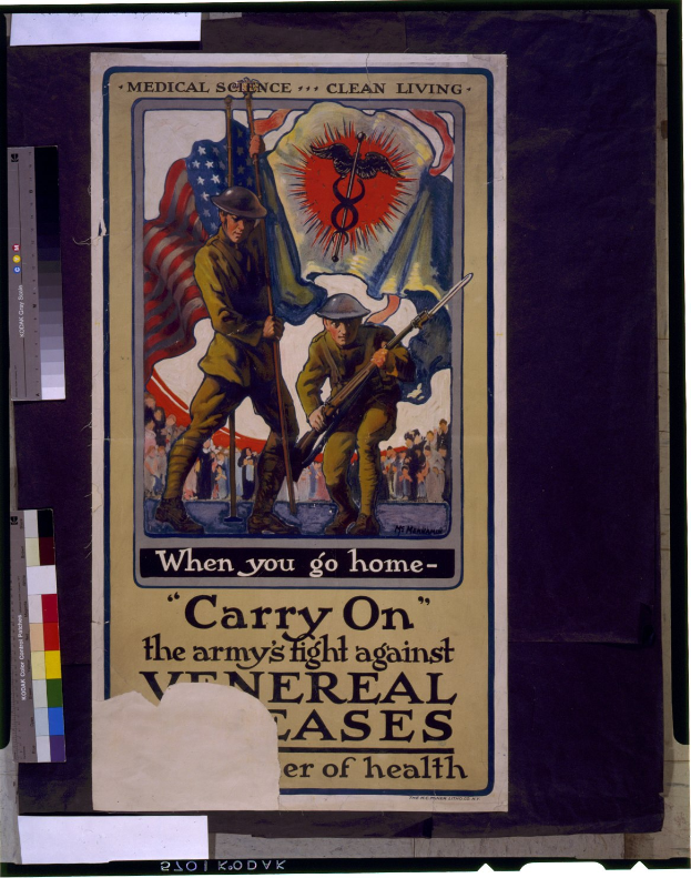 Ein Plakat mit zwei Personen, die Waffen und eine Fahne halten, und einem Text, der besagt: "Wenn du nach Hause gehst, führe den Kampf der Armee gegen allgemeine Gesundheitsfälle fort."