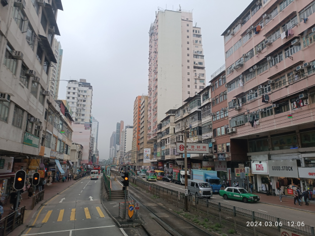 Eine belebte Stadtstraße mit hohen Gebäuden, Fahrzeugen, Fußgängern, Ampeln, Schildern, Geländern und einem Himmel als Hintergrund.