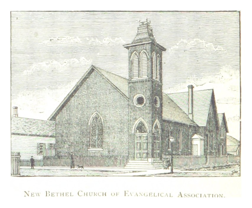 Zeichnung der neuen Bethel-Kirche der Evangelischen Kirche mit einigen Menschen davor, einem umliegenden Zaun und einem klaren blauen Himmel im Hintergrund; Text ist unten sichtbar.