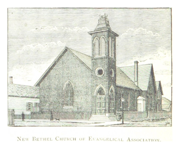 Zeichnung der neuen Bethel-Kirche der Evangelischen Kirche mit einigen Menschen davor, einem umliegenden Zaun und einem klaren blauen Himmel im Hintergrund; Text ist unten sichtbar.