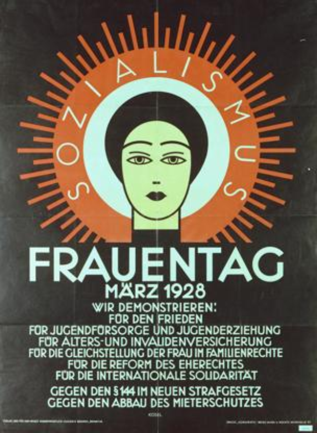 Ein Plakat aus dem Jahr 1928 mit einem Frauenporträt und der Aufschrift "Frauentag" in fetter, schwarzer Schrift, das die Internationale Solidarność-Bewegung bewirbt.