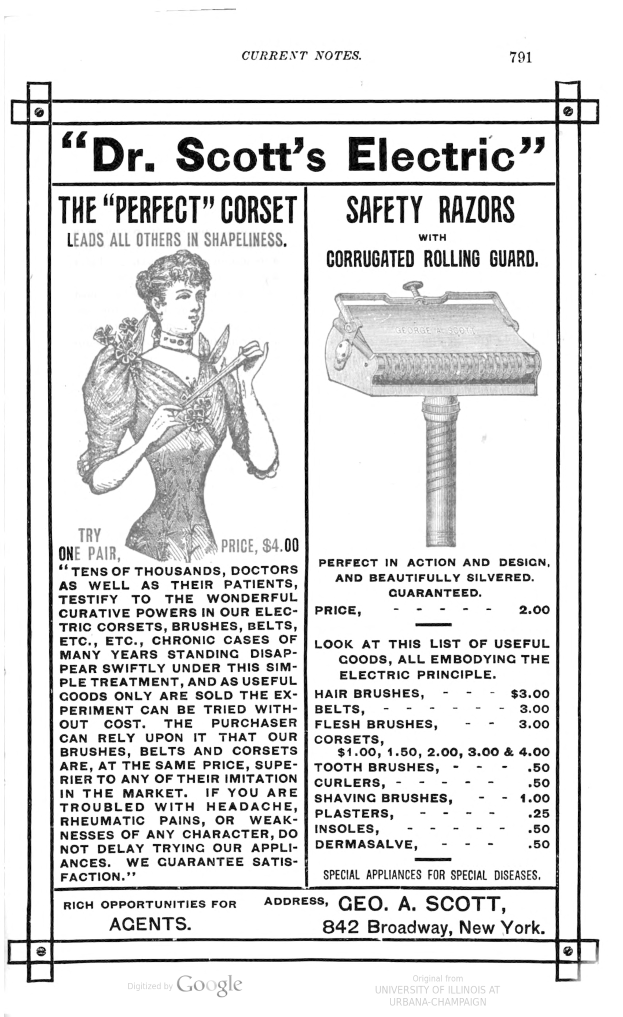 Das Gesicht einer Frau neben Text, der Dr. Scotts Elektrische Rasierer bewirbt.