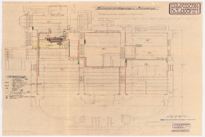 Schwarzes und weißes Architekturzeichnung von Rosenhof Krankenhaus in Hamburg, Deutschland, zeigt detaillierte Planung mit zahlreichen Drähten, Zimmern, Fluren und Textanmerkungen auf altem Papier.