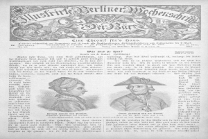 Eine alte deutsche Zeitung von 1834 mit einer Zeichnung von einem Mann und einer Frau sowie Text und anderen Bildern.